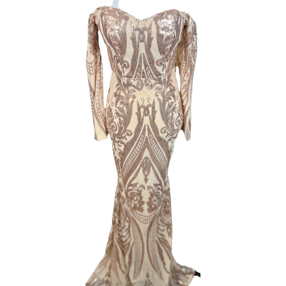 NWT Miss Ord Sequin Mermaid Gown Dress Small Off Shoulder Nude Rose Gold Formal